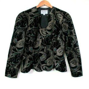 VTG Velvet Jacket Sz 8 Black Gold Metallic Paisley